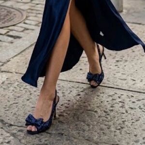 KATE SPADE Navy Glitter Blue Bow Slingback Charm Heels 8 designer glam couquette